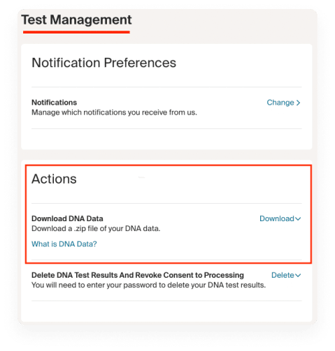 test management page with red box around actions section